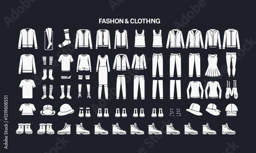 Modern vector-style illustration featuring a set of fashion and clothing line icons, easily editable. 
