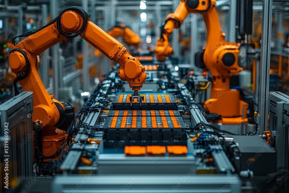 Automated robotic arms assembling parts on a manufacturing production line Automated robotic arms assembling parts on a manufacturing production line