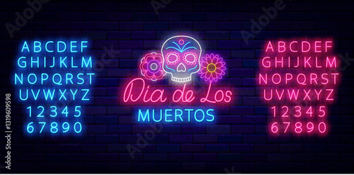 Dia de Los Muertos neon label. Day of the Death. Cinco de Mayo. Mexican national holiday. Vector stock illustration