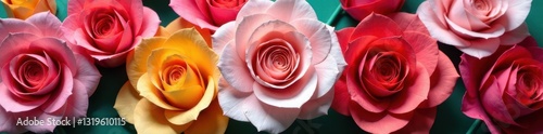 Vibrant paper roses, diverse colors, close-up view , wallpaper, vibrant