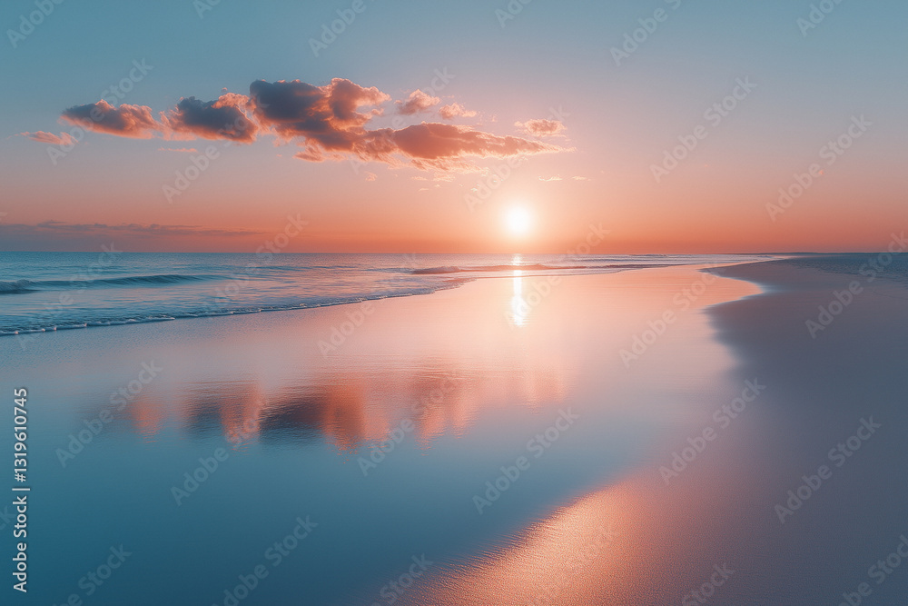 Fototapeta premium Stunning coastal landscape at sunset or sunrise with bright reflections in the sea and beautiful clouds, beautiful sky, seascape, composite background, desktop wallpaper