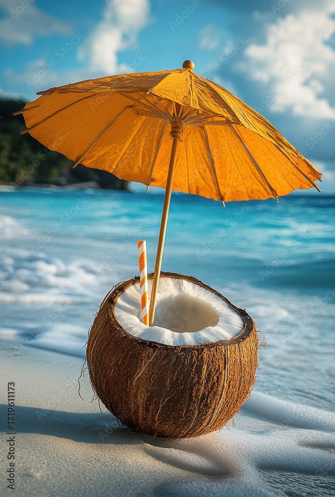 custom made wallpaper toronto digitalCoconut Drink with Straw and Umbrella by the Shoreline of a Tropical Beach with Soft Waves and a Beautiful Sky
