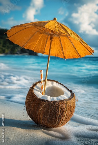 Wallpaper Mural Coconut Drink with Straw and Umbrella by the Shoreline of a Tropical Beach with Soft Waves and a Beautiful Sky Torontodigital.ca