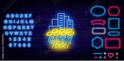 City taxi neon label. Public auto transportation. Shiny blue alphabet. Vector stock illustration
