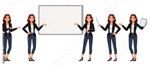 Business woman wear black shirt, long brown curly hair character vector illustration design set. Women working and presentation in various action