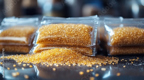 A symphony of golden grains, meticulously arranged in airtight bags, spilled onto the surface, showcasing a vibrant texture and packaging that speaks of quality and freshness. photo