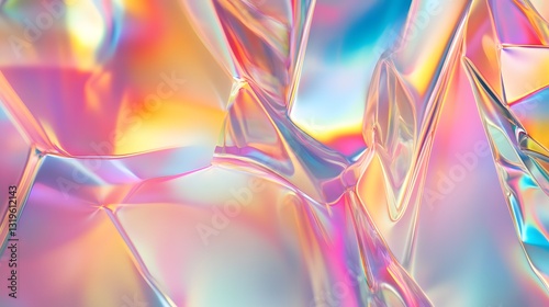 Iridescent glass abstract with geometric shapes and bright, colorful light refracting through crystal surfaces.