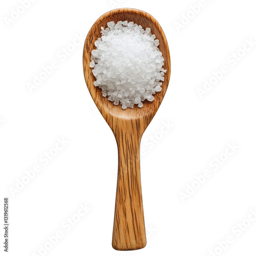 Wooden spoon with salt isolated on transparent background.