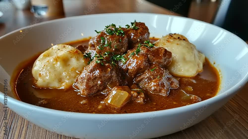 Delicious meatballs served in rich gravy with creamy dumplings on a wooden table setting Delicious meatballs served in rich gravy with creamy dumplings on a wooden table setting