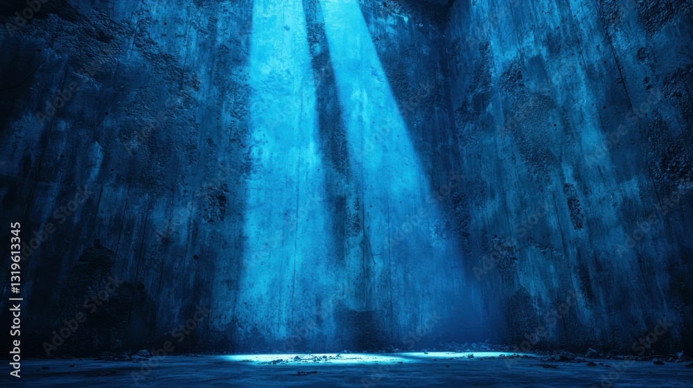 Fototapeta premium Deep blue cave with light beams illuminating a floor