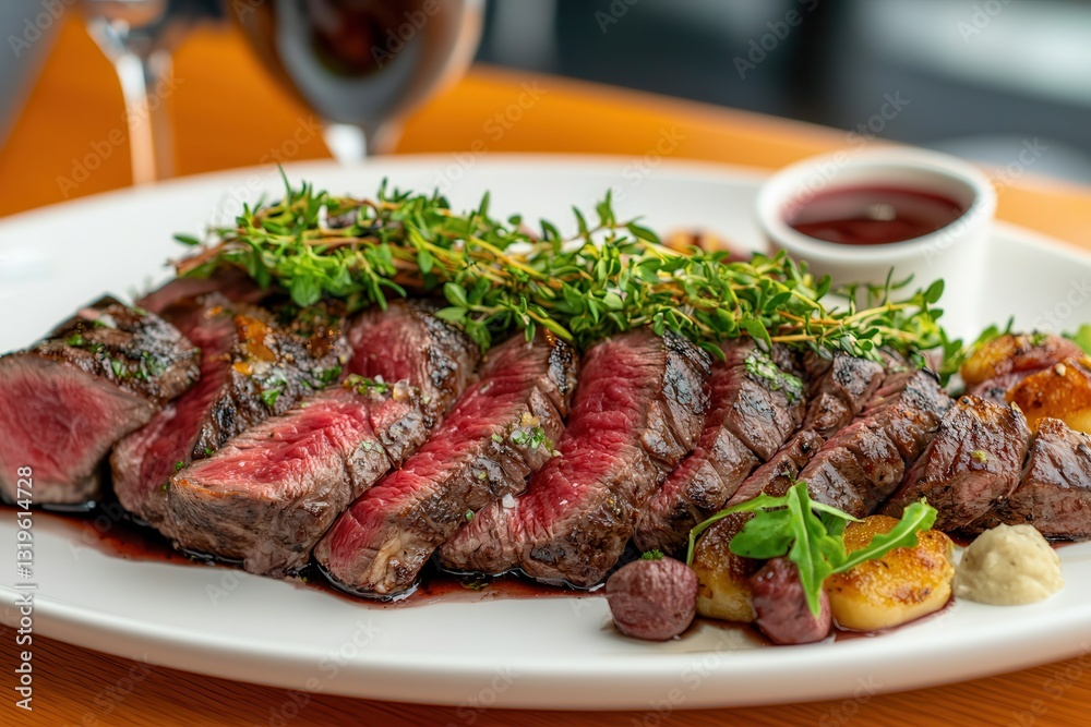 Luxury cruises comfort dining experience. Juicy steak with herbs, served with wine and sauces. Luxury cruises comfort dining experience. Juicy steak with herbs, served with wine and sauces.
