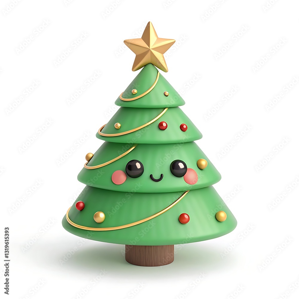 A Cheerful, Smiling Christmas Tree, Adorned With Gold Tinsel And Colorful Ornaments, Spreads Holiday Joy Against A Clean White Background A Cheerful, Smiling Christmas Tree, Adorned With Gold Tinsel And Colorful Ornaments, Spreads Holiday Joy Against A Clean White Background