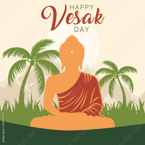 Happy vesak day or guru purnima background lord buddha meditative tropical foliage and mountains