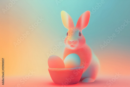 A cheerful modern bunny next to colorful pastel Easter eggs on a soft gradient neon background that enhances their beauty