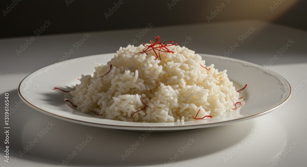 Serving of Rice with Saffron Strands on White Plate Delicious Meal Serving of Rice with Saffron Strands on White Plate Delicious Meal