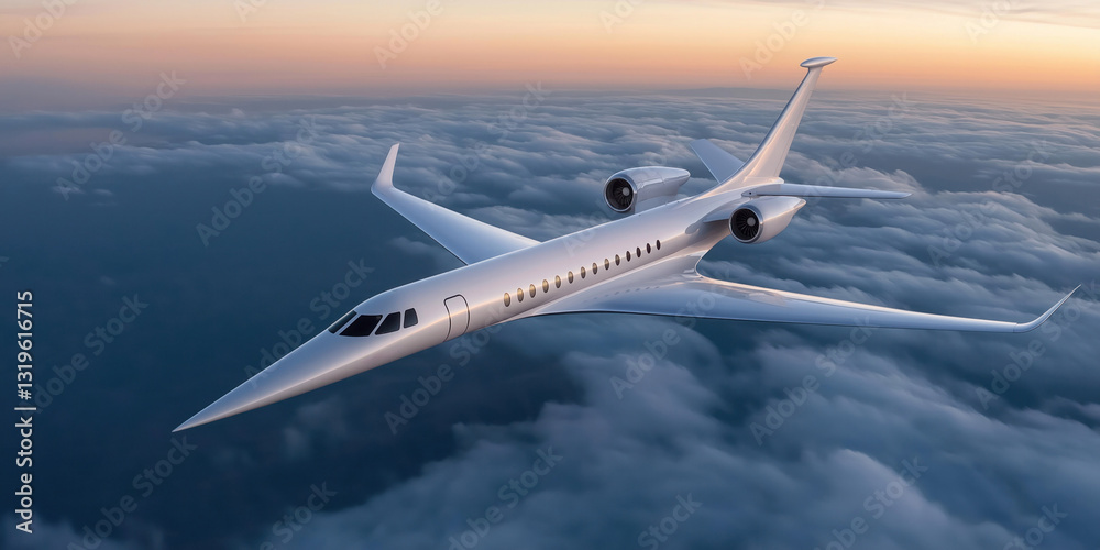 Obraz premium Modern supersonic business jet soaring above the clouds during a stunning sunset