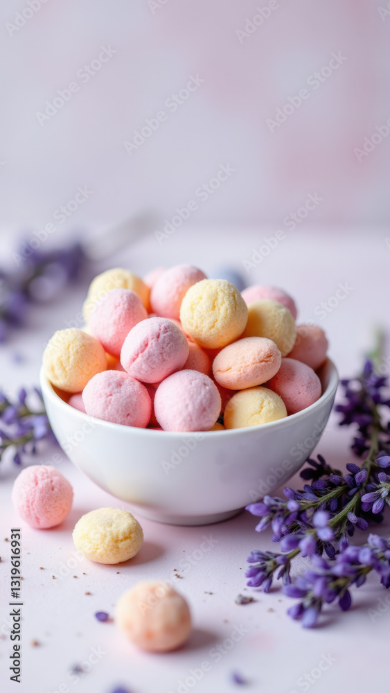 A close-up photograph of colorful, dye-free hard candies on a purple surface with lavender buds. A close-up photograph of colorful, dye-free hard candies on a purple surface with lavender buds.