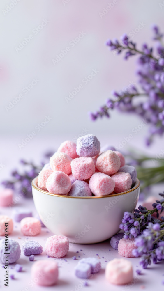 A bowl of colorful dye-free candies with scattered lavender buds on a pink tablecloth. A bowl of colorful dye-free candies with scattered lavender buds on a pink tablecloth.
