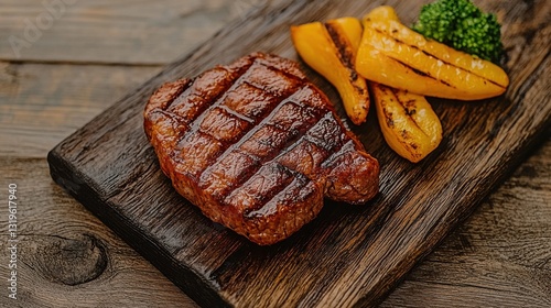 Grilled steak with roasted potatoes and broccoli on a wooden board.