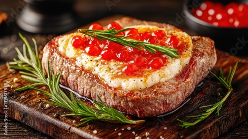 Juicy steak topped with cheese and cherry tomatoes on a wooden board.