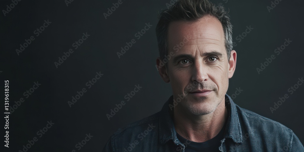 Confident Man Portrait Against Dark Background with Natural Expression Confident Man Portrait Against Dark Background with Natural Expression