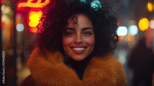 Smiling woman with curly hair in a vibrant urban setting.