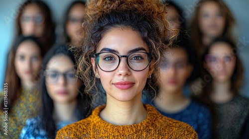 Confident woman in glasses with a group in the background.