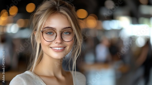 Smiling woman with glasses in a lively indoor setting.