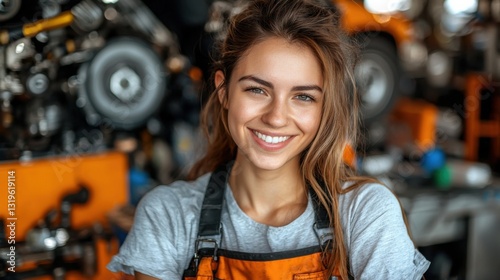 Smiling woman in work attire, surrounded by machinery in a workshop.