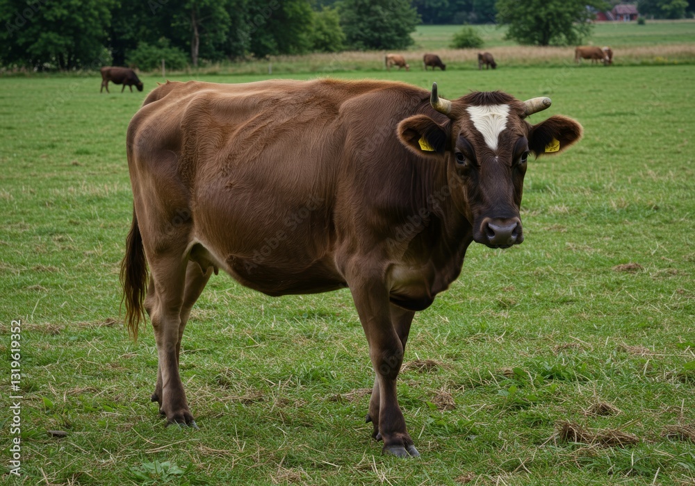 Brown Cow Isolated on White Background - A serene brown cow stands alone in a lush green pasture, symbolizing peace, nature, agriculture, livestock, and rural life Brown Cow Isolated on White Background - A serene brown cow stands alone in a lush green pasture, symbolizing peace, nature, agriculture, livestock, and rural life