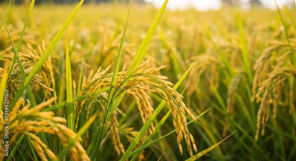 Golden Rice Field Growing with Sunlight Creating a Warm Harvest Scene Golden Rice Field Growing with Sunlight Creating a Warm Harvest Scene