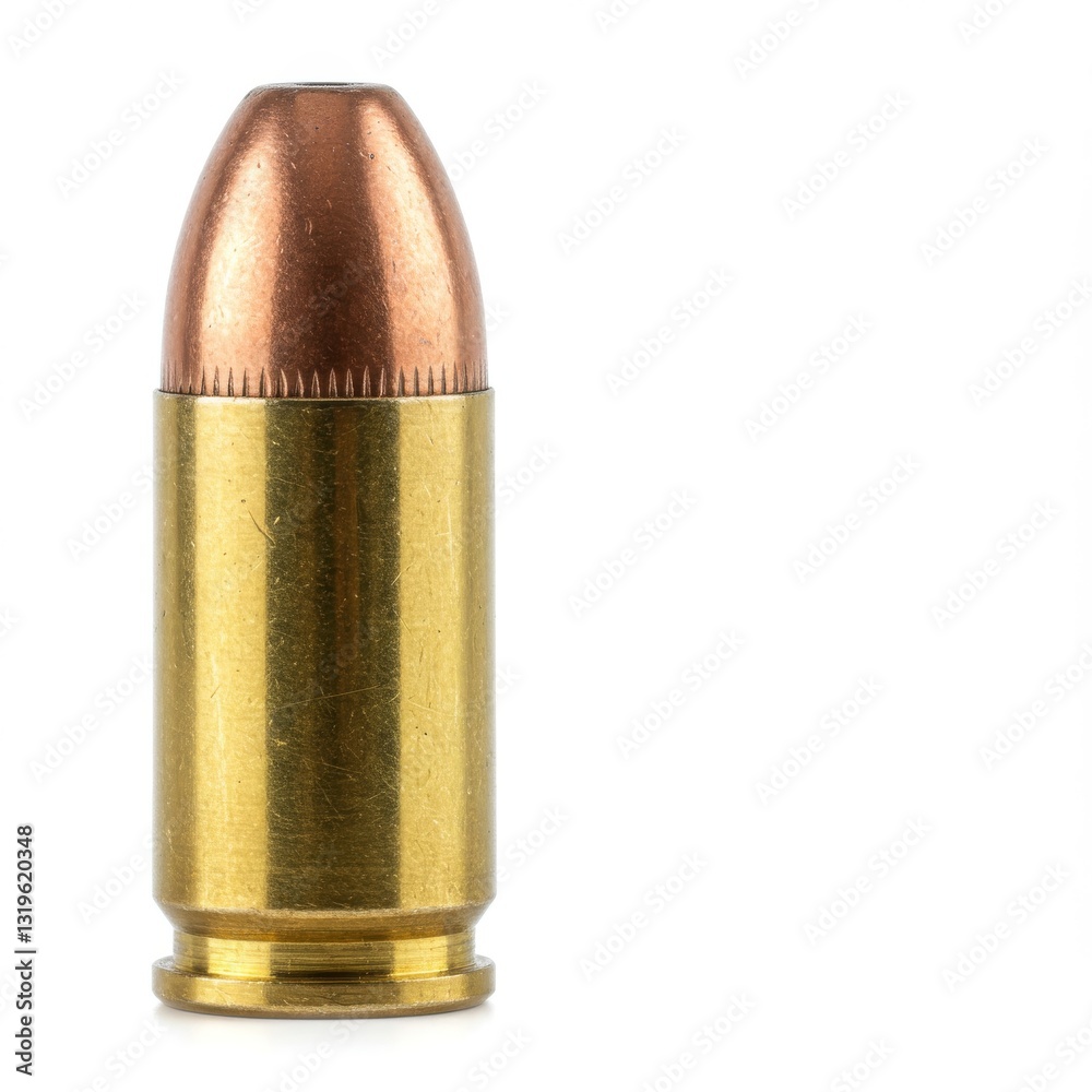 Single Bullet Cartridge Closeup - A detailed close-up of a single bullet cartridge against a white background. The brass casing and copper bullet are clearly visible Single Bullet Cartridge Closeup - A detailed close-up of a single bullet cartridge against a white background. The brass casing and copper bullet are clearly visible