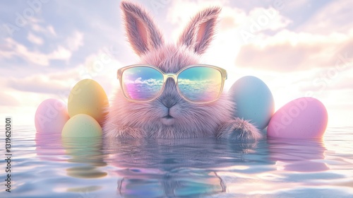 Easter bunny celebration beach digital art sunny whimsical happy easter scene