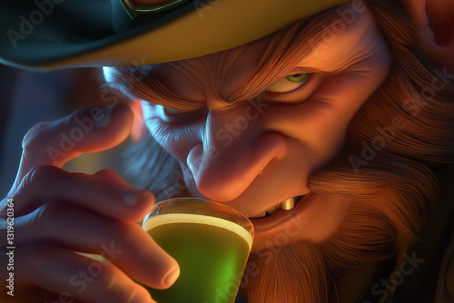 Leprechaun in hat holding pint of green beer in one hand and beer keg in other hand.	