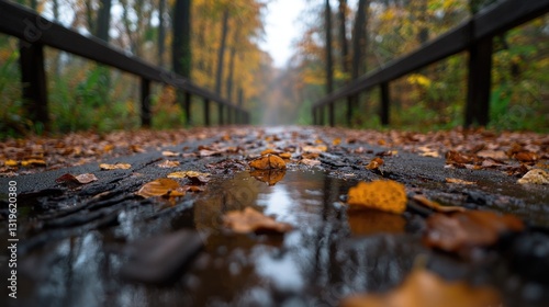 Autumn Leaves Reflecting on Road Puddles in Scenic Misty Forest Pathway