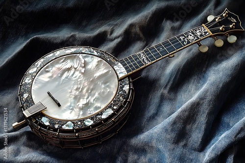 A banjo with a detailed mother-of-pearl inlaid neck, placed on a backdrop of faded denim fabric.