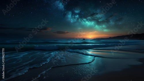 Glowing Bioluminescent Ocean Waves Under a Starry Night Sky