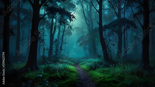 Magical Enchanted Forest with Glowing Trees and Misty Atmosphere