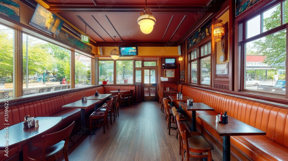 Cozy Pub Interior with Large Windows and Booth Seating Cozy Pub Interior with Large Windows and Booth Seating
