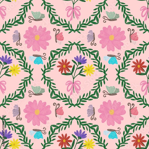 seamless pattern with flowers leaf and butterfly on pink background 