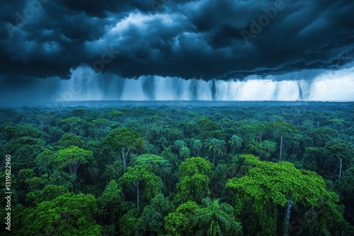 Dramatic Rainfall Over Lush Green Amazon Rainforest Landscape