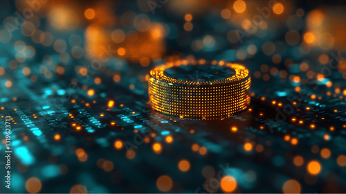 Close-Up of Digital Cryptocurrency Coin on Blockchain Network