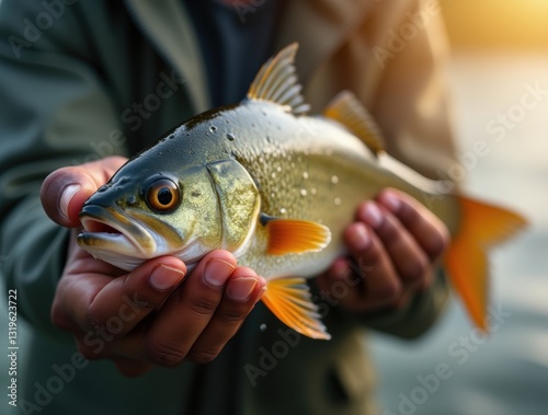 An Afro American man proudly holding a freshly caught fish, with water droplets glistening in the sunlight, capturing the excitement of a successful fishing trip.