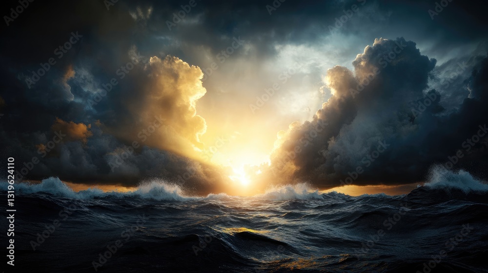 Fototapeta premium Dramatic Ocean Sunset with Stormy Clouds and Powerful Waves