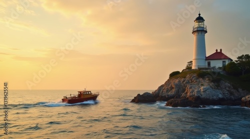 Wallpaper Mural Small wooden boat near tall white lighthouse on rocky cliff, calm ocean, golden sunset, serene, perfect for coastal or nautical themes. Torontodigital.ca