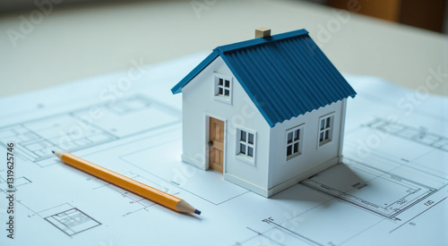 Closeup of a small house model on blueprints with a pencil. Concept of home building and design. photo