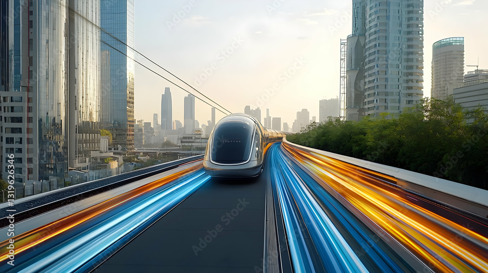 Naklejka premium Futuristic Autonomous Vehicle Speeding Through Modern City With Motion Blur Light Trails At Sunset