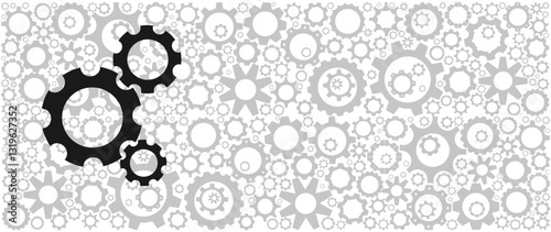 Mechanical vector design for background and wallpaper. Variety silhouettes of light grey cogwheels and three black gears on white background
