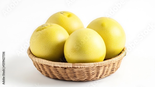 Four pomelos arranged in a woven basket on white