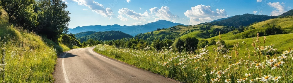 Fototapeta premium Scenic Road Through Lush Green Landscape Under Bright Blue Sky